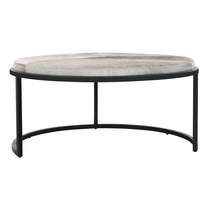 Pemberly Row Cow Leather Set of 2 Nesting Coffee Tables in Sparrow Gray