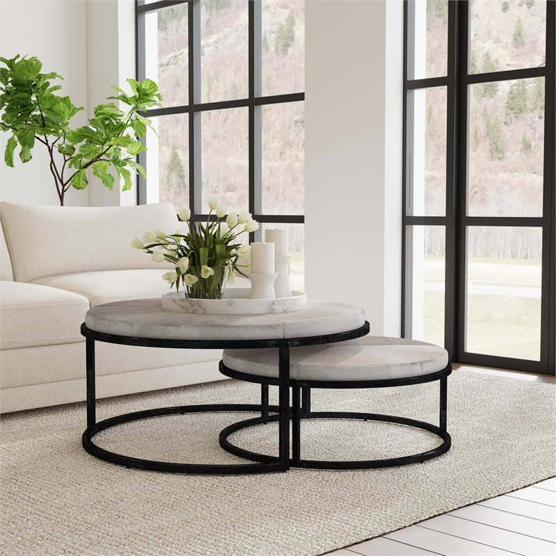 Pemberly Row Cow Leather Set of 2 Nesting Coffee Tables in Sparrow Gray