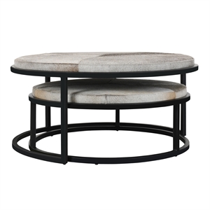 Pemberly Row Cow Leather Set of 2 Nesting Coffee Tables in Sparrow Gray