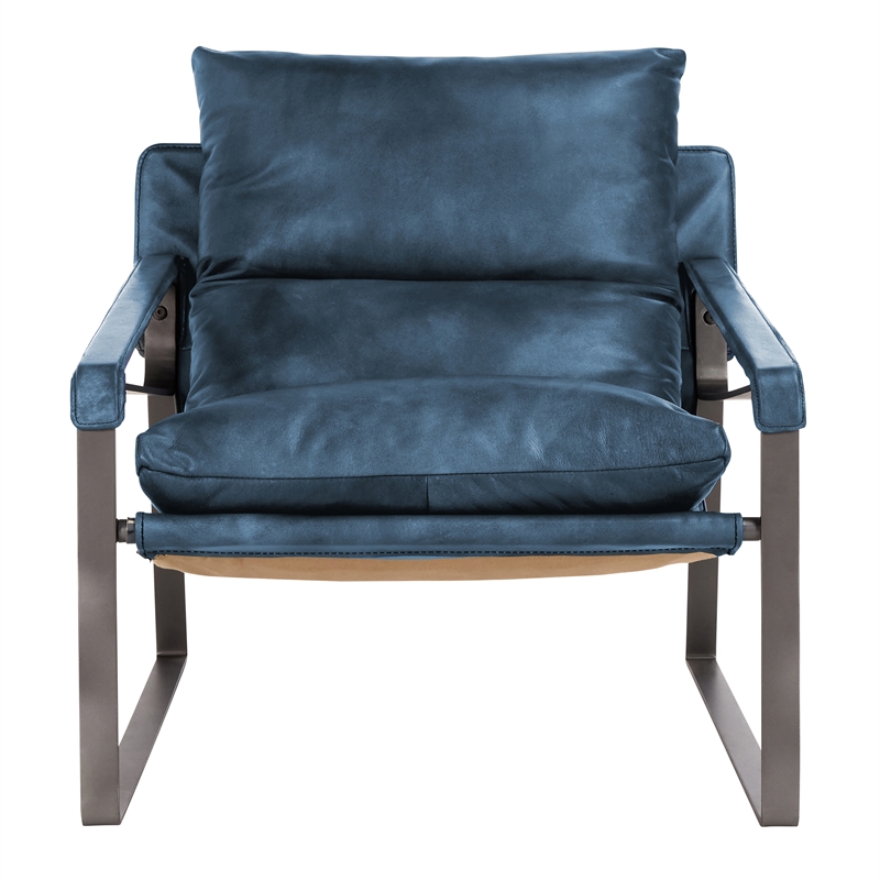 Pemberly Row Ocean Blue Leather Accent Chair with Iron Frame