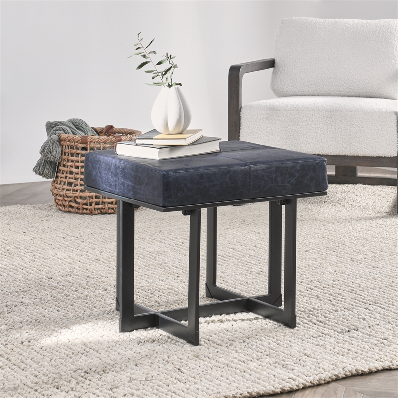 Pemberly Row Transitional Genuine Leather Stool in Nightfall Blue