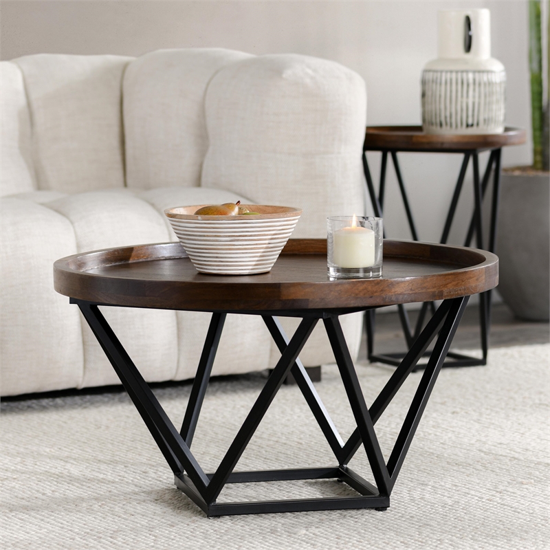 Pemberly Row Geometric Mango Wood Tray Coffee Table in Medium Brown