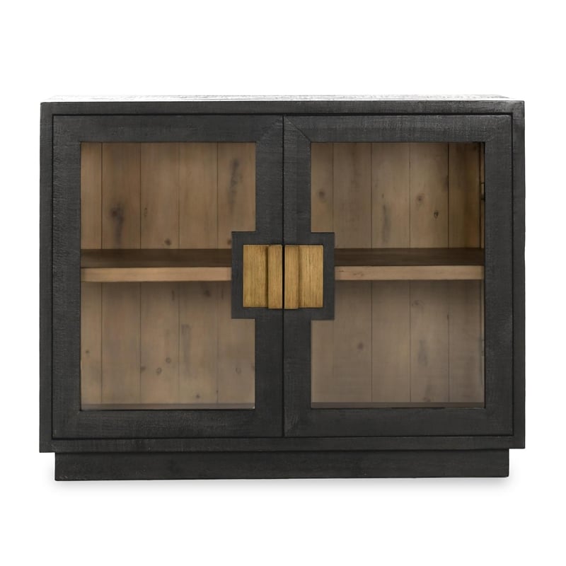 Pemberly Row 2-Door Glass Reclaimed Pine Wood Cabinet in Black