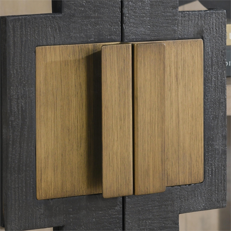 Pemberly Row 2-Door Glass Reclaimed Pine Wood Cabinet in Black