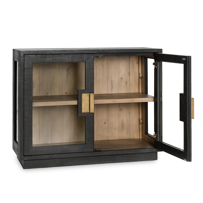 Pemberly Row 2-Door Glass Reclaimed Pine Wood Cabinet in Black