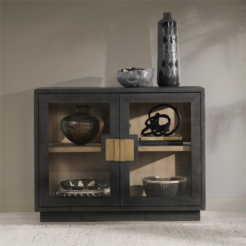 Pemberly Row 2-Door Glass Reclaimed Pine Wood Cabinet in Black