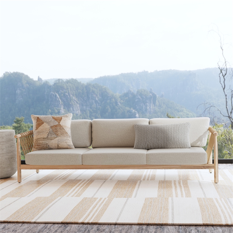 Pemberly Row Teak Wood Fabric Upholstery Coastal Outdoor Sofa in Taupe
