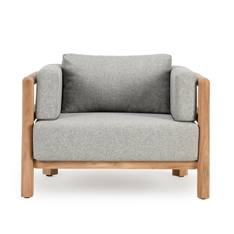 Pemberly Row Teak Wood Fabric Upholstery Modern Outdoor Accent Chair Gray