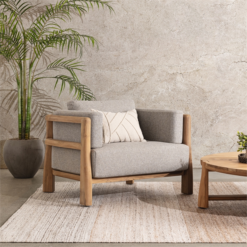 Pemberly Row Teak Wood Fabric Upholstery Modern Outdoor Accent Chair Gray
