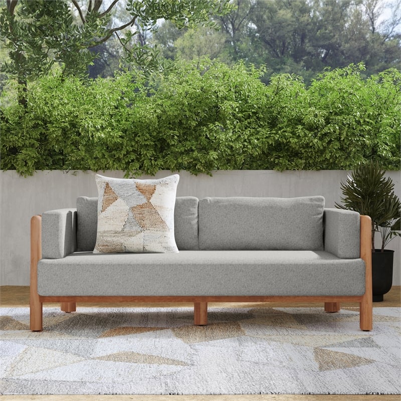 Pemberly Row Teak Wood Fabric Upholstery Modern Outdoor Sofa in Gray