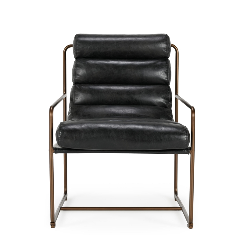 Pemberly Row Top Grain Leather with Metal Frame Black Accent Chair