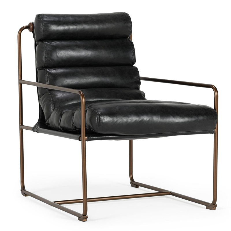 Pemberly Row Top Grain Leather with Metal Frame Black Accent Chair