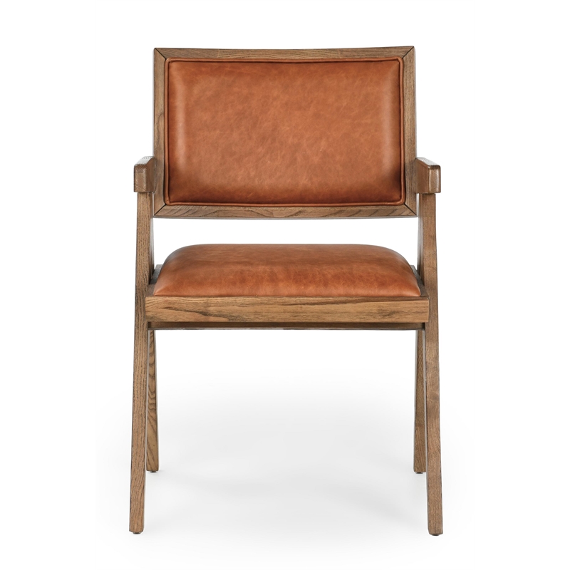 Pemberly Row Contemporary Top Grain Leather and Wood Arm Chair in Tan