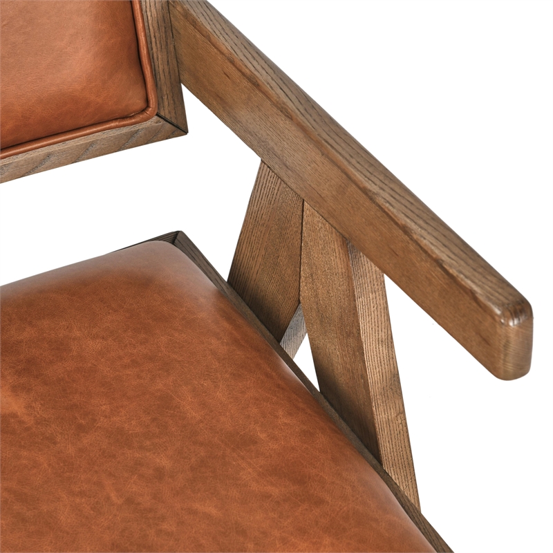Pemberly Row Contemporary Top Grain Leather and Wood Arm Chair in Tan