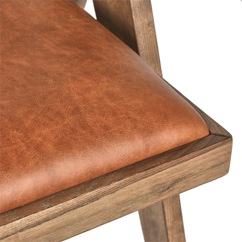 Pemberly Row Contemporary Top Grain Leather and Wood Arm Chair in Tan
