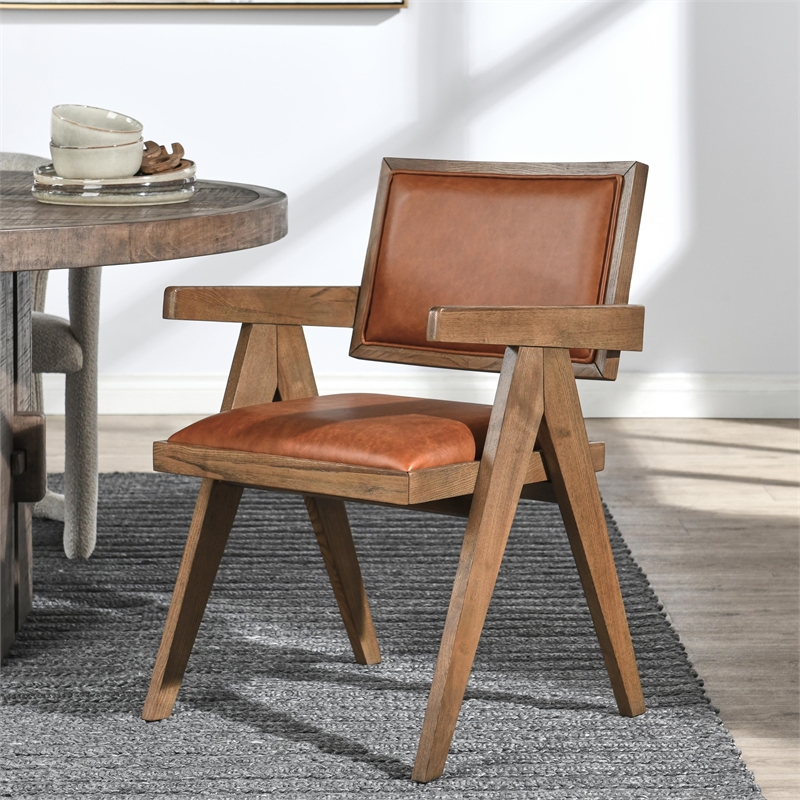 Pemberly Row Contemporary Top Grain Leather and Wood Arm Chair in Tan