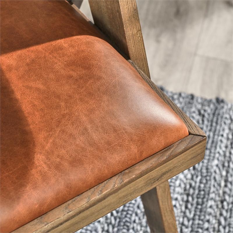 Pemberly Row Contemporary Top Grain Leather and Wood Arm Chair in Tan