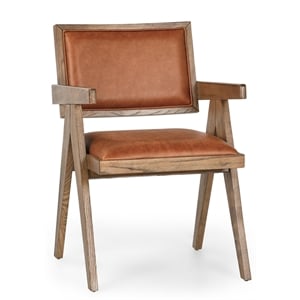 Pemberly Row Contemporary Top Grain Leather and Wood Arm Chair in Tan