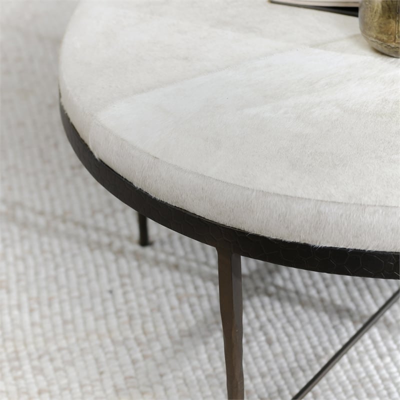 Pemberly Row Leather Hide Round Cocktail Coffee Table in Ivory