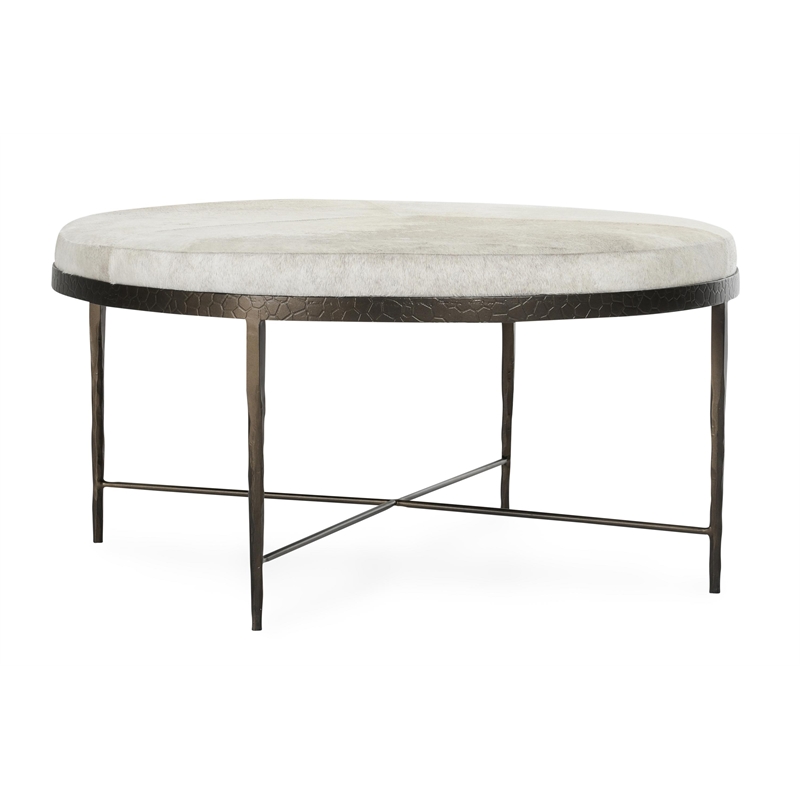 Pemberly Row Leather Hide Round Cocktail Coffee Table in Ivory