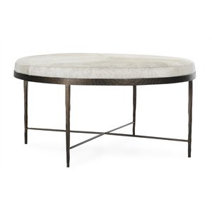 Pemberly Row Leather Hide Round Cocktail Coffee Table in Ivory