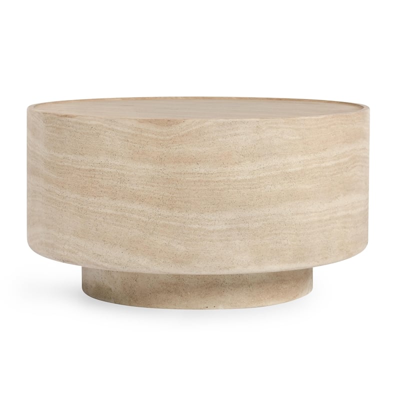Pemberly Row Transitional Round Stone Outdoor Coffee Table in Beige