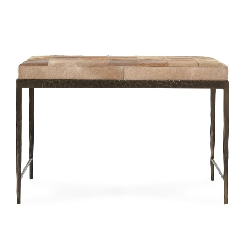 Pemberly Row Transitional Leather Hide Ottoman Bench in Blond