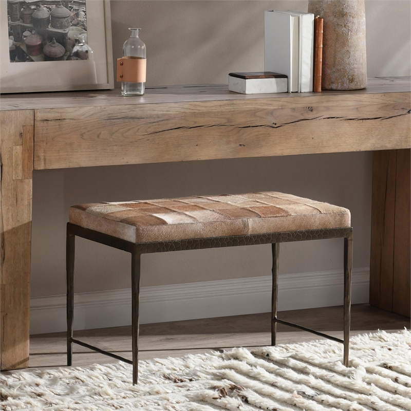 Pemberly Row Transitional Leather Hide Ottoman Bench in Blond