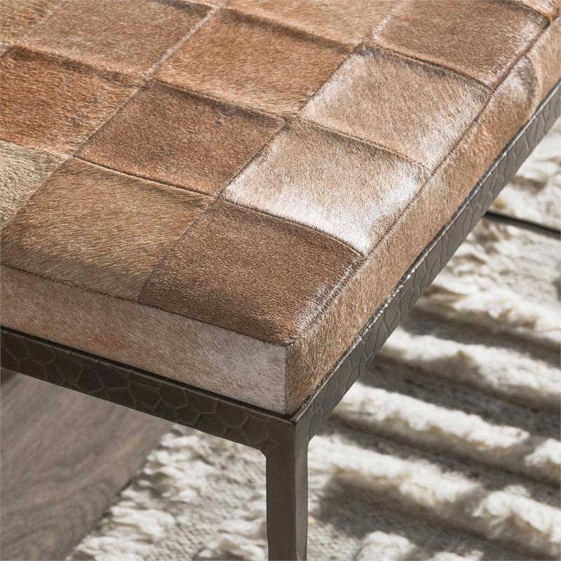 Pemberly Row Transitional Leather Hide Ottoman Bench in Blond