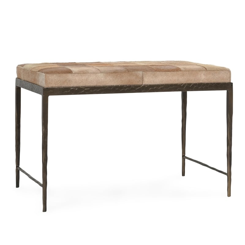 Pemberly Row Transitional Leather Hide Ottoman Bench in Blond