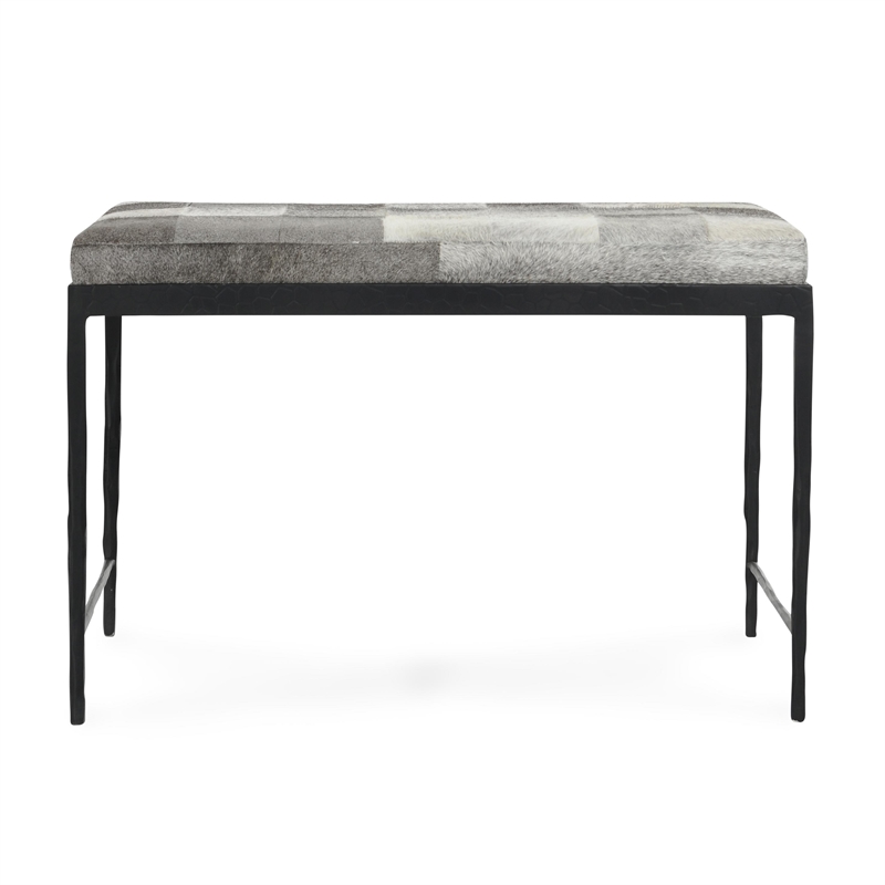 Pemberly Row Transitional Leather Hide Ottoman Bench in Gray