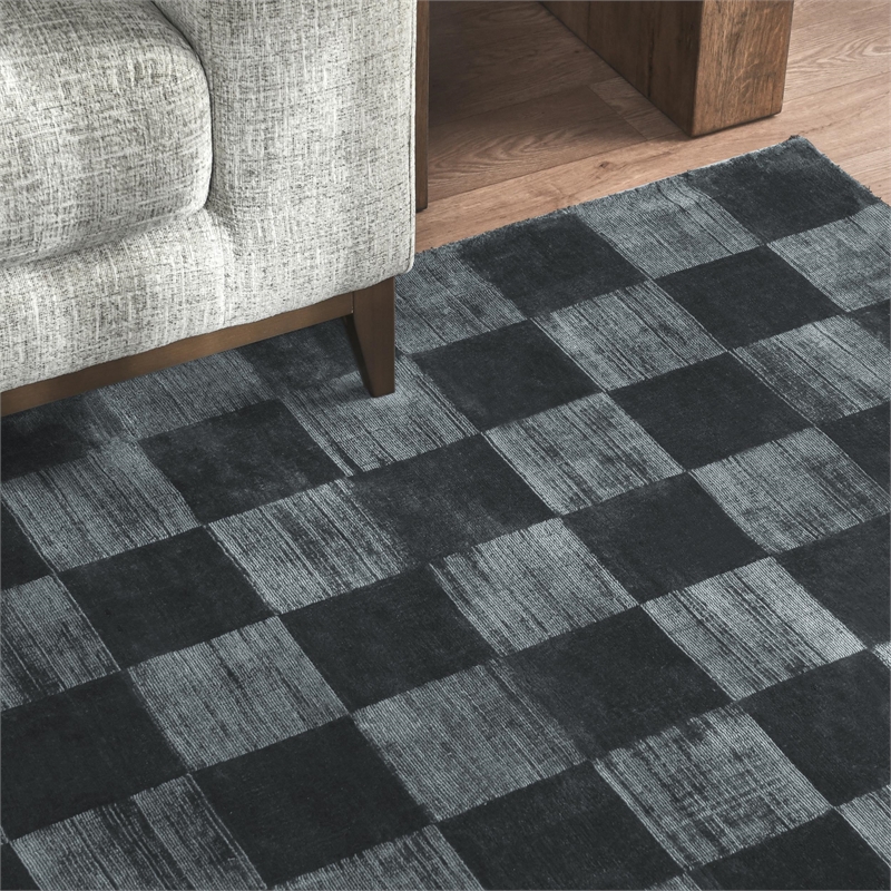 Pemberly Row 5'x8' Indoor Soft Fabric Handwoven Checkered Ink Blue Area Rug