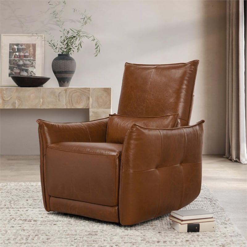 Pemberly Row Transitional Top Grain Leather Recliner Arm Chair in Brown