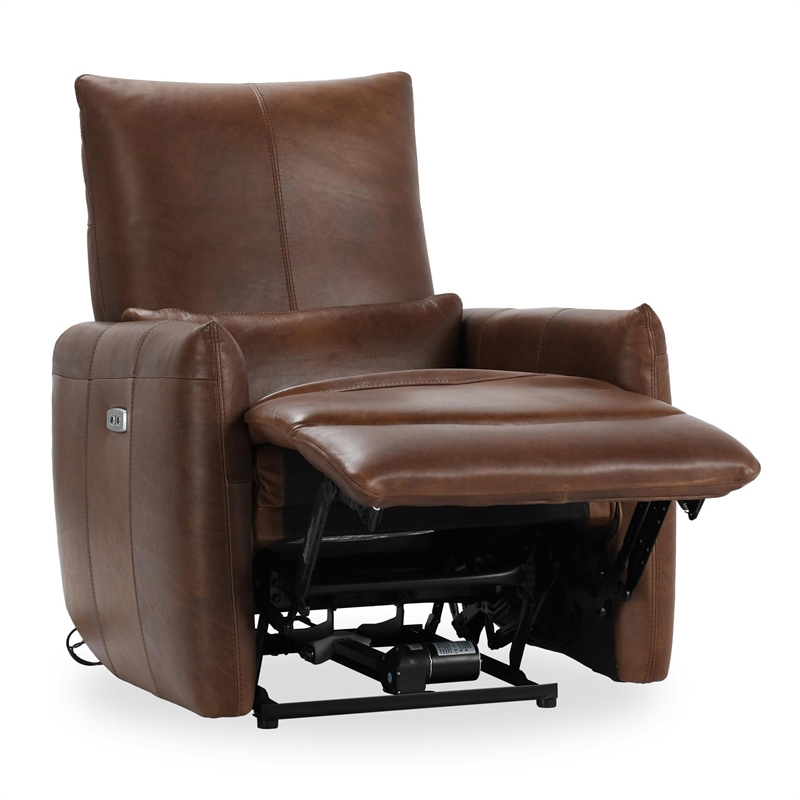 Pemberly Row Transitional Leather Power Recliner Chair in Antique Brown