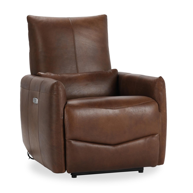 Pemberly Row Transitional Leather Power Recliner Chair in Antique Brown