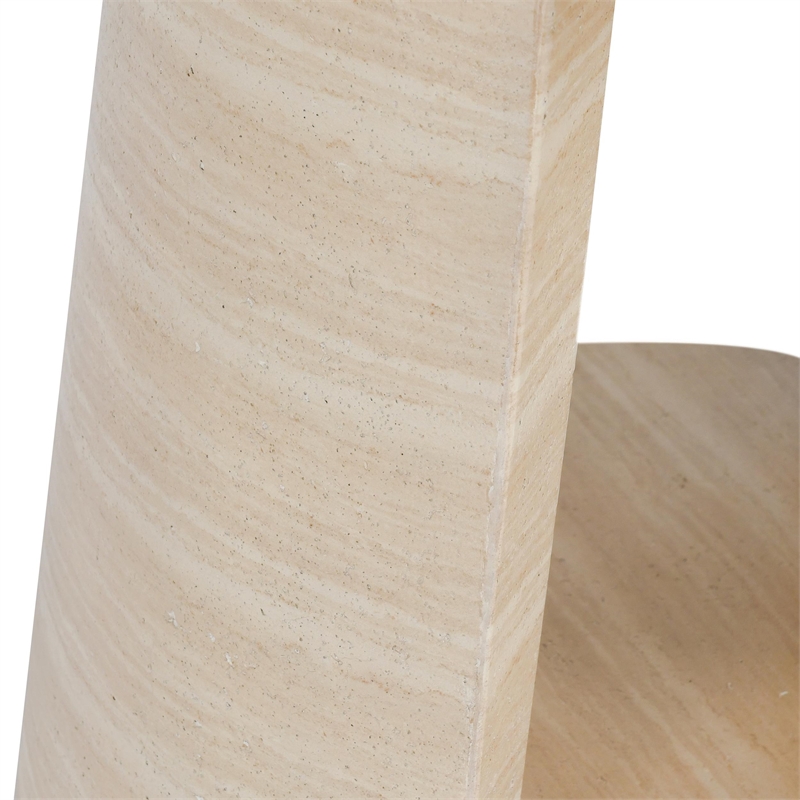 Pemberly Row Outdoor Round Travertine-Style Stone End Table in Beige