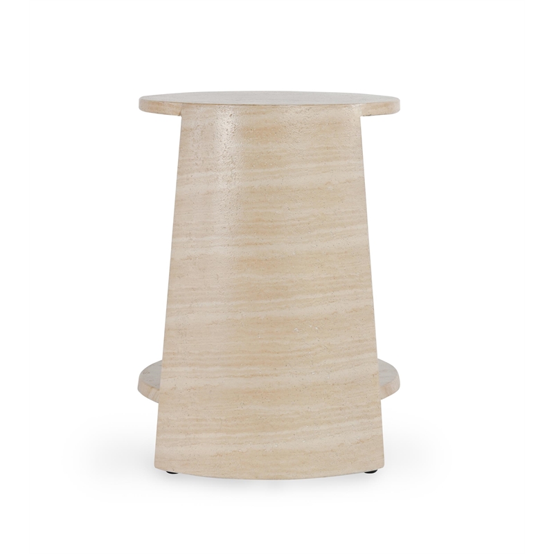 Pemberly Row Outdoor Round Travertine-Style Stone End Table in Beige
