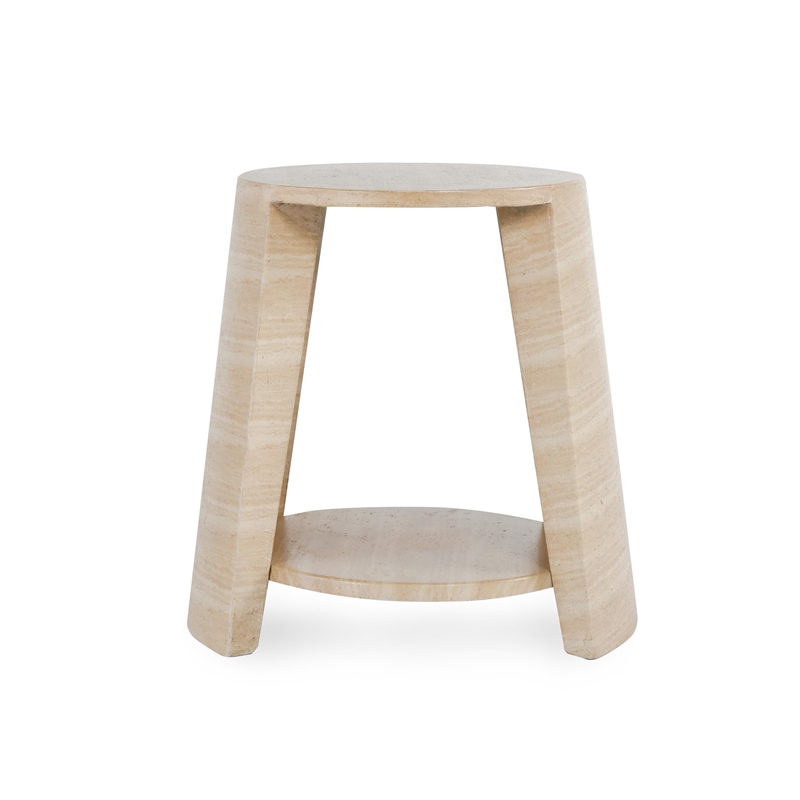 Pemberly Row Outdoor Round Travertine-Style Stone End Table in Beige
