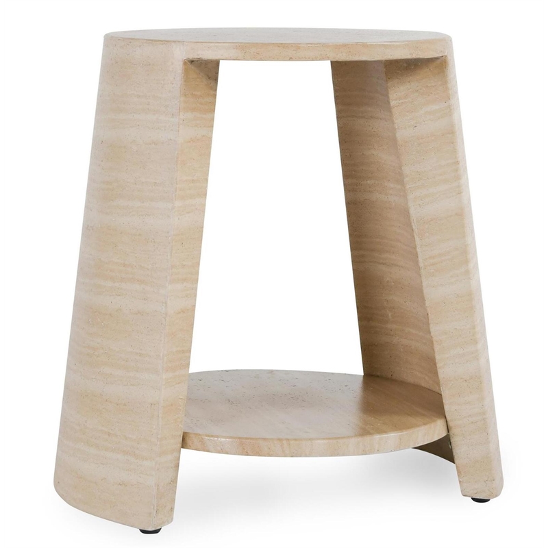 Pemberly Row Outdoor Round Travertine-Style Stone End Table in Beige