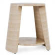 Pemberly Row Outdoor Round Travertine-Style Stone End Table in Beige