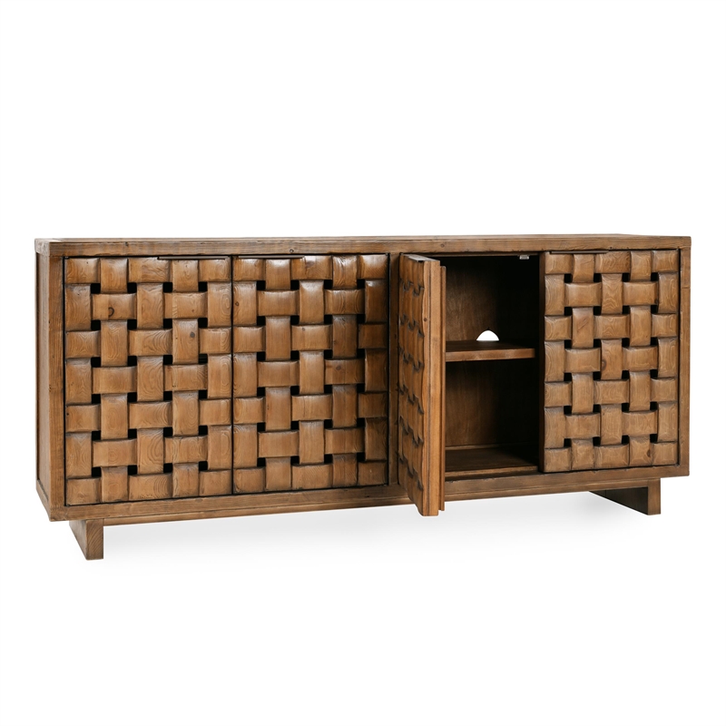 Pemberly Row 4-Door Reclaimed Pine Wood Buffet Sideboard in Brown