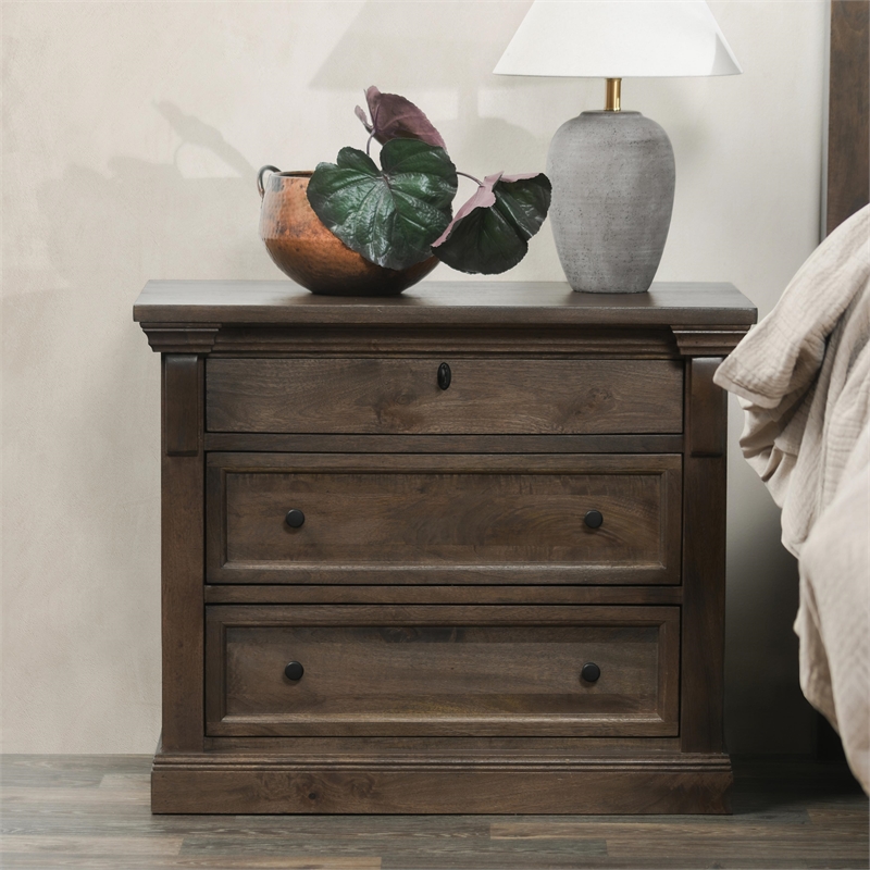 Pemberly Row Traditional 3-Drawer Mango Wood Nightstand in Cocoa Brown