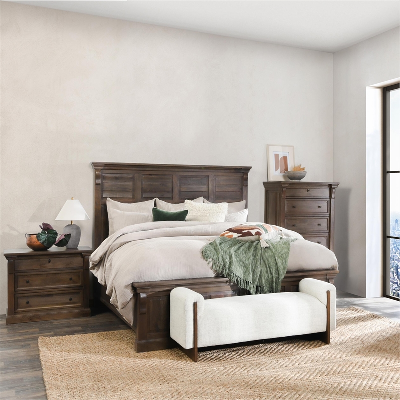 Pemberly Row Traditional 3-Drawer Mango Wood Nightstand in Cocoa Brown