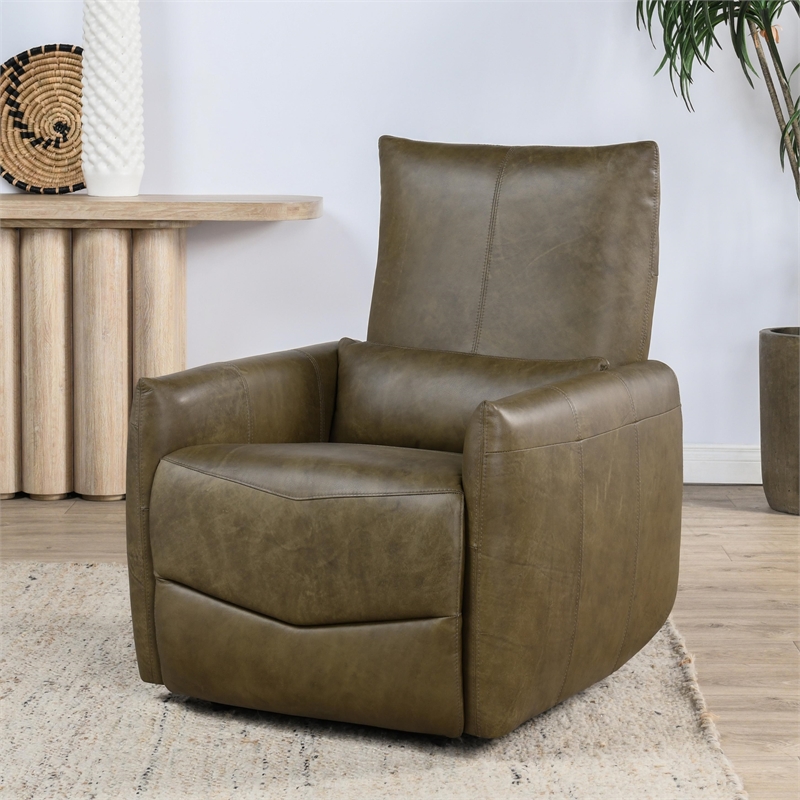 Pemberly Row Transitional Leather Power Recliner Chair in Earth Brown
