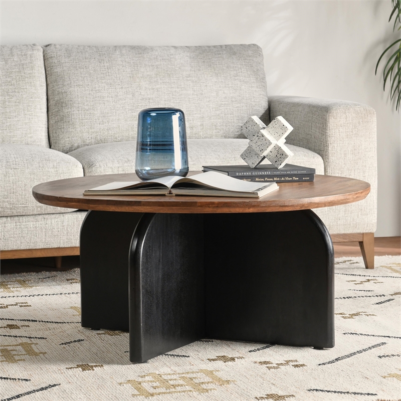 Pemberly Row Transitional Mango Wood Two-Tone Coffee Table in Black