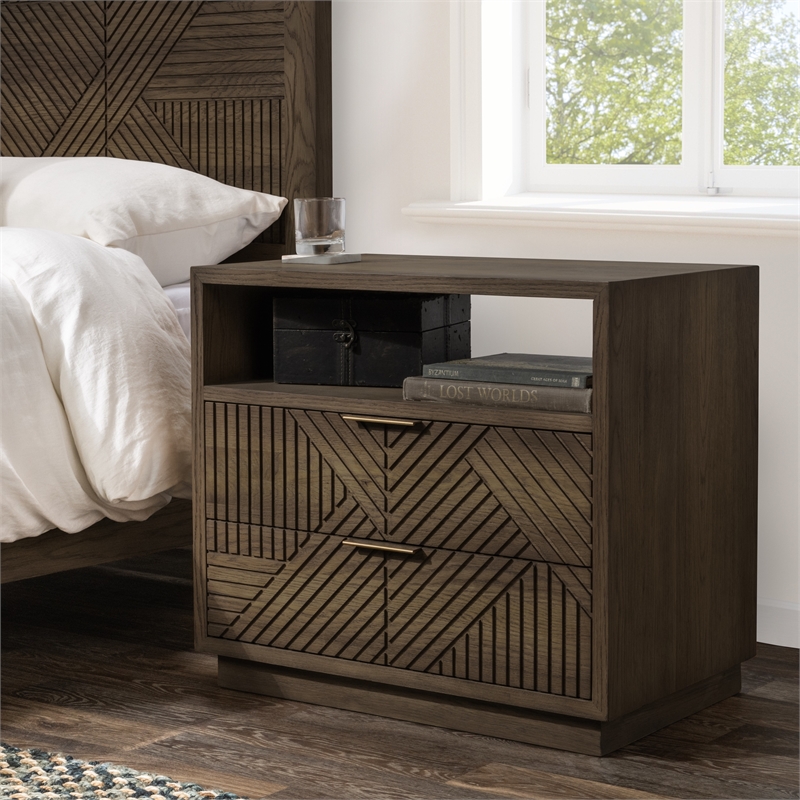 Pemberly Row Transitional 2-Drawer Wood Nightstand in Brown Finish