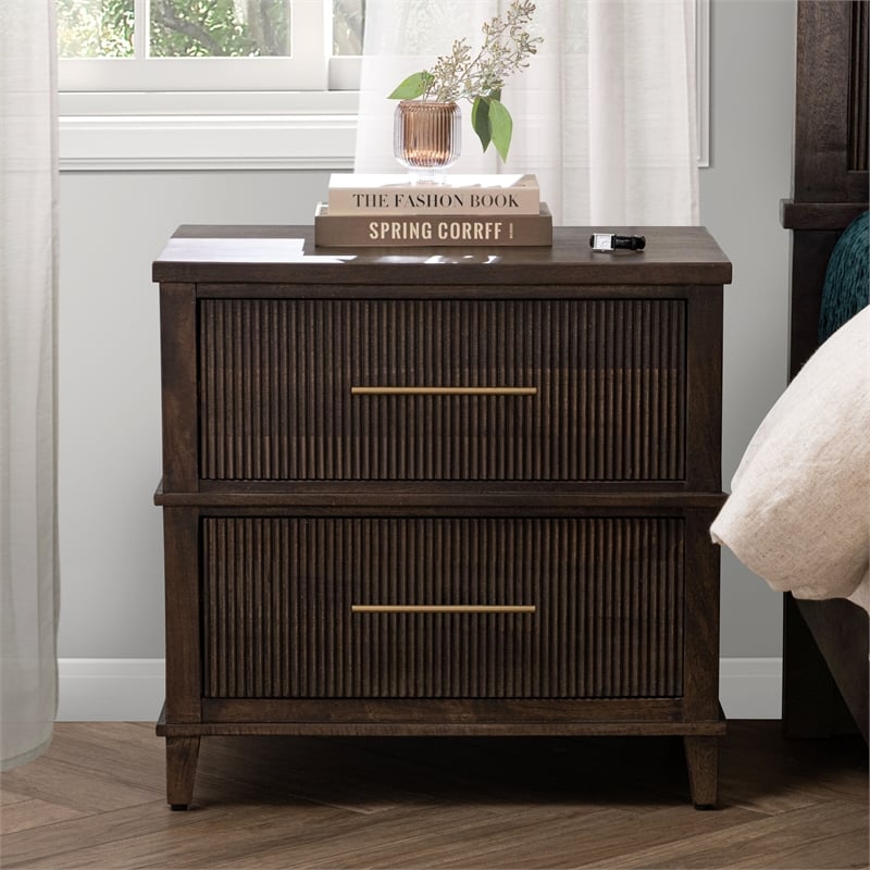Pemberly Row Traditional 2-Drawer Mango Wood Nightstand Brown