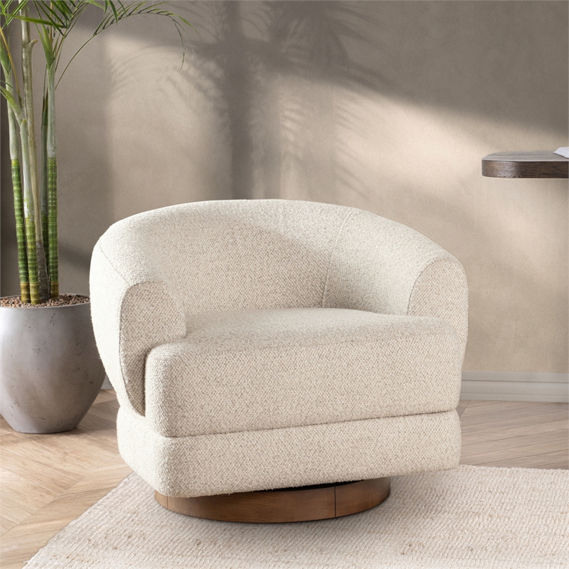 Pemberly Row Upholstered Cream Fabric Wood Frame Swivel Accent Chair