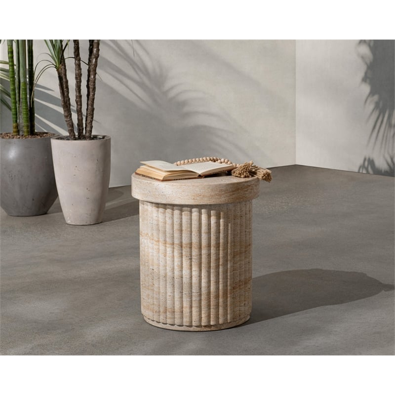 Pemberly Row Contemporary Concrete Outdoor Stool Beige Finish