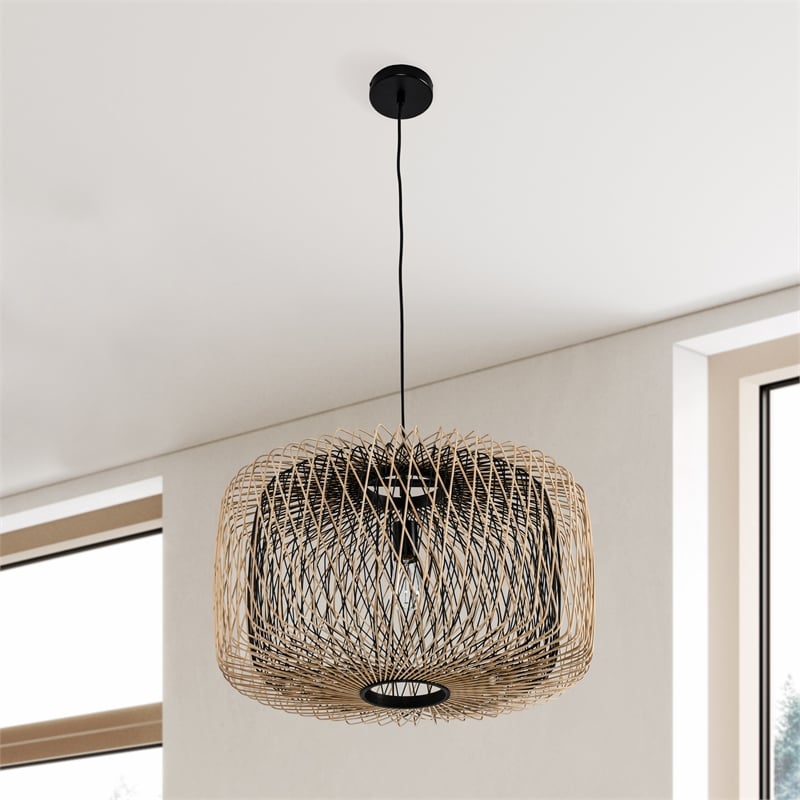 Pemberly Row Modern Transitional Black Finish Rattan Pendant Light